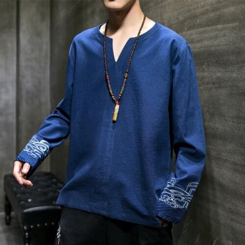 Autumn Chinese Style Mens Clothing Cotton Linen T-shirt Embroidery Long Sleeve Loose Large V-neck Top Hanfu Improve