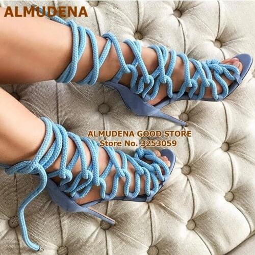 ALMUDENA Sexy Stiletto Heel Rope Fastening Sandals Lace-up Cage Shoes Covered Heel Dress Pumps Celebrity Braided Heel Sandals