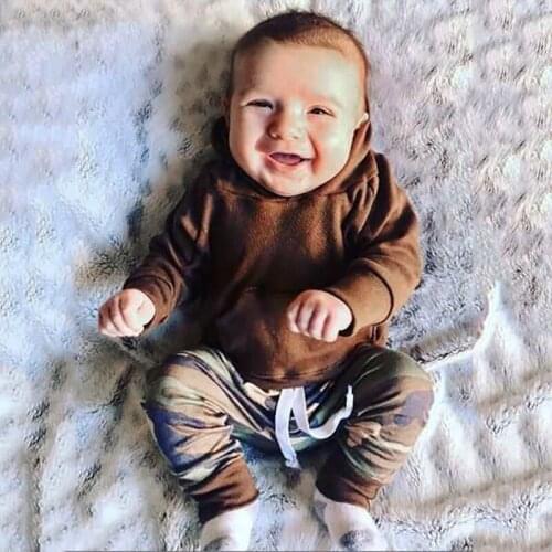 Baby Casual Suit Boys Cotton Hooded Long-sleeved Patch Pocket Sweater Trousers Clothes