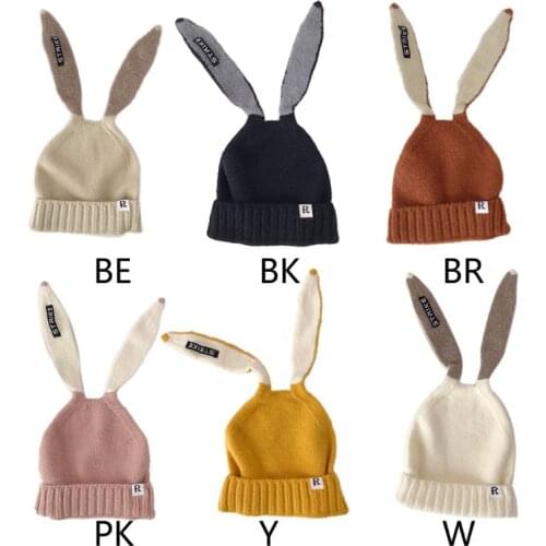 Women Girls Knit Stretch Beanie Hat Cute Long Rabbit Ears Letters Warm Skull Cap
