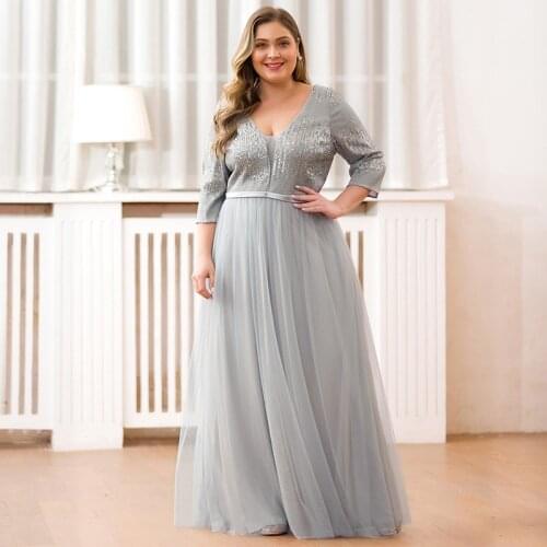 Evening Dress Fashion Half Sleeves Sexy V-Neck Sequins Empire Pleat Tulle A-Line Floor-Length Plus Size Women Formal Gowns D1003