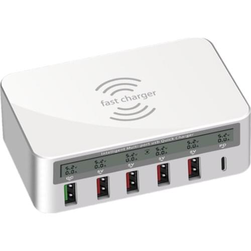 E6 USB Charger QC 3.0 PD 6 Ports USB Charging Station with Wireless Charger Multi-Port Travel Charger Station Quick Charge