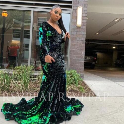 Green Mermaid Long Prom Dresses 2021 African Black Girl Sparkly Sequin V-neck Long Sleeve Custom Made Prom Gowns