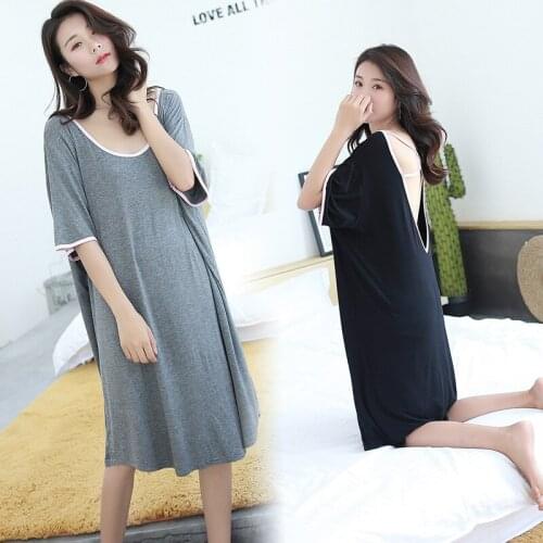 Plus size sexy pajamas summer fat women women pajamas dresses plain chested open back loose short sleeves pregnant women skirts