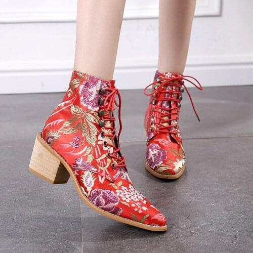 Hot Adisputent Women Boots Printed Ankle Vintage Motorcycle Booties Ladies Shoes Woman Embroider High Heels Boots 36-43