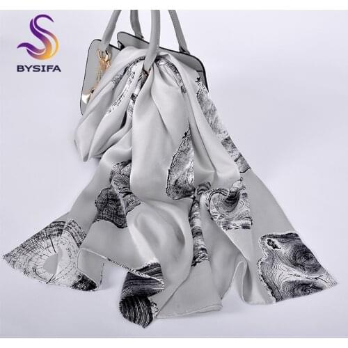 [BYSIFA] Blue White Silk Scarf Shawl Fashion Ladies Peony Design Long Scarves Spring Women Brand 100% Silk Neck Scarf 175*52cm
