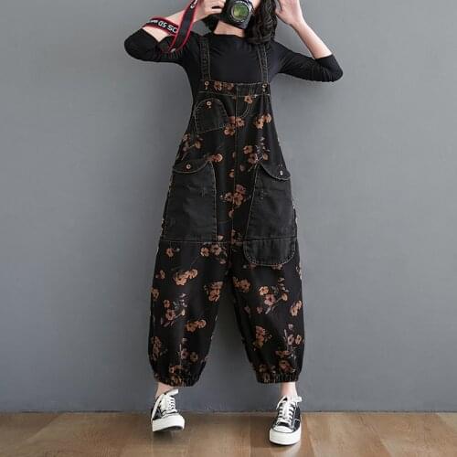 #2305 Black Floral Printed Jeans Jumpsuit Women Big Pockets Vintage Casual Rompers Ladies Wide Leg Denim Rompers Jumpsuit Female