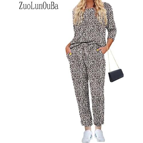 Autumn Winter Women Suit Leopard Print Long Sleeved Round Neck Two Piece Pocket Trousers Lace Up Split Plus Size Suit