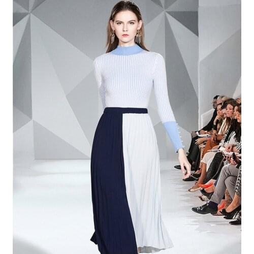 New Womens Spring Autumn Office Lady Long Sleeve Turtleneck Striped Knitted Sweater + Midi Color Contrast A Line Skirt 2 Piece