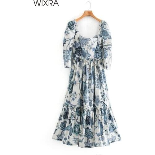 Wixra MidI Calf Dresses Womens Square Collar Backless Full Puff Sleeve High Street Floral Print Clothing Spring Summer