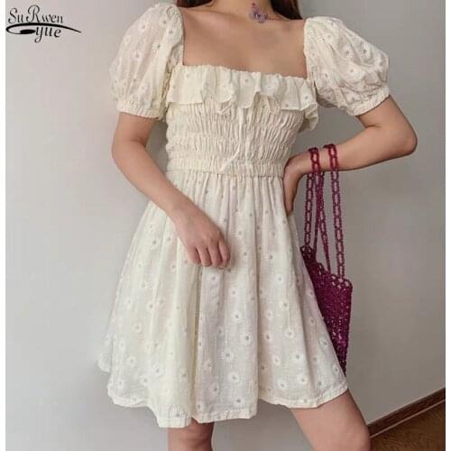Square Neck Bow Slim Waist Floral Dresse Sexy Ruffle Women Puff Sleeve Dress New 2021 Summer Girls Princess Pleated Dress 14957