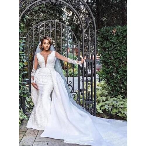 2020 Long Mermaid Wedding Dresses Detachable Train Luxury Lace Applique Beaded Long Sleeve Plus Size Wedding Gown Robe De Mariee