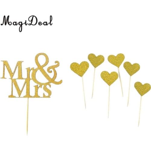 40/set Glitter Gold Mr Mrs Heart Cake Cupcake Topper Pick for Wedding Party
