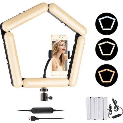 5-Panel Splicing LED Light Foldable Lamp Photography Fill Light with 3 Lighting Modes Ball Head Phone Clamp for Video Recording