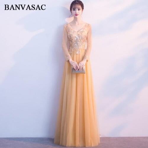 BANVASAC 2018 A Line V Neck Sequined Long Evening Dresses Party Lace Appliques Long Sleeve Backless Prom Gowns