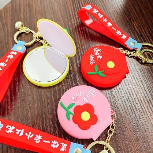 Cartoon Little Red Flower Keychain Cute Makeup Mirror Keyring Girl Women Car Backpack Pendant Key Chains Jewelry Gifts
