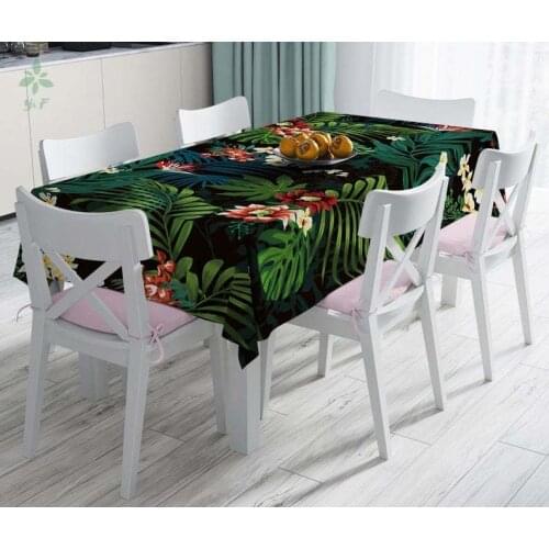 Tropical Palm Leaf Black Flowering Tablecloth Rectangular Dining Room Table Cover