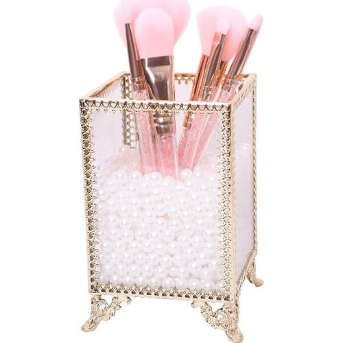 Geometry Glass Box Makeup Brushes Holder Pencil Bucket Makeup Organizer Desktop Cosmetic Storage Box Pen Pearls Barrel