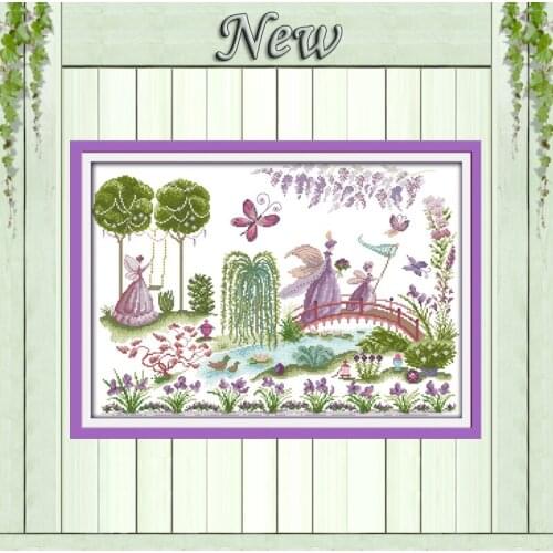 Catching butterfly garden fairy kids painting Counted Print on canvas DMC 11CT 14CT Cross Stitch kits Needlework Sets embroidery