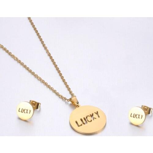 ZooMango Fashion Stainless Steel Sets For Women Lucky Tag Charm Necklace Earrings For Women Lovers Anniversary Jewelry