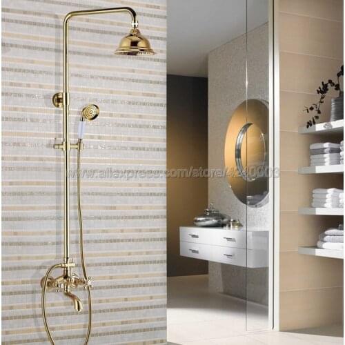 Golden Finish Bathroom Shower Faucet Double Handle Swivel Spout Tub Mixer Tap with Hand Shower Wall Mounted Kgf456