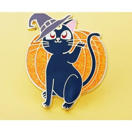 Cute Luna Black Cat Witch Hat Hard Enamel Pin Glitter Cartoon Pumpkin Plant Golden Metal Brooch Kawaii Funny Halloween Jewelry