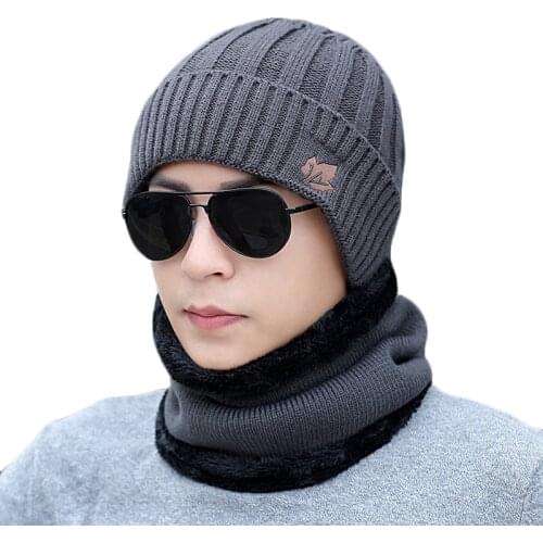 Men Warm Hats Scarf Set Winter Knitting Hat For Male Lady Beanie Scarves Knitted Plus Velvet Hat Women Hats Ring Scarf 2Pcs Set
