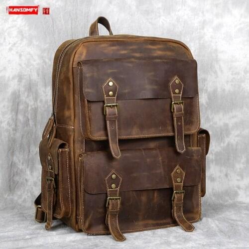 Vintage Leather Backpack Outdoor Travel Backpack Leather Computer Bag School Backpacks Super-capacity First Layer Cowhide Men