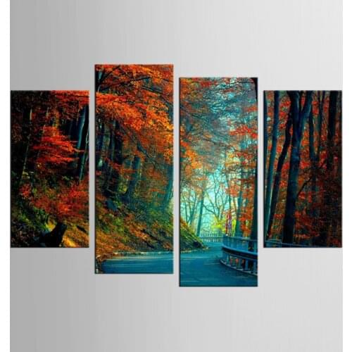 4 sets of red maple leaf woods road landscape mural art home decoration living room canvas printing modern painting XL-FJ353-1