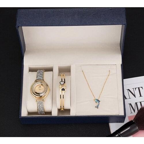 Women Quartz Watch Set Love Design Open Bracelet Cute Dolphin Necklace Flow Sand Watch Suit Female Jewelry Sets Ladys Mom Gifts