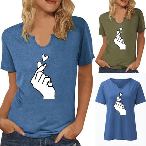 Printed round neck love gesture short sleeve T-shirt Korean cotton womens top 2021 summer new womens wear Блузки