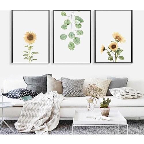 Simple Fresh Sunflower Plant Leaf Canvas Poster Wall Art Flowers Eucalyptus Painting Decorative Picture for Kitchen Farmhouse