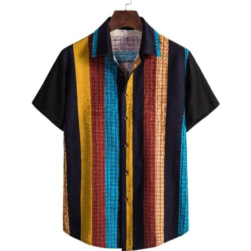 New Fashion Mens Short Sleeve Loose Shirts Summer Casual Striped Printed Shirt Turn-down Collar Buttoned Cardigan Men Streetwear