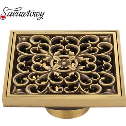 Saeuwtowy Antique Brass Bathtub Shower Drainer Floor Strain 10x10cm Brass Square visible Bathroom Floor Drain