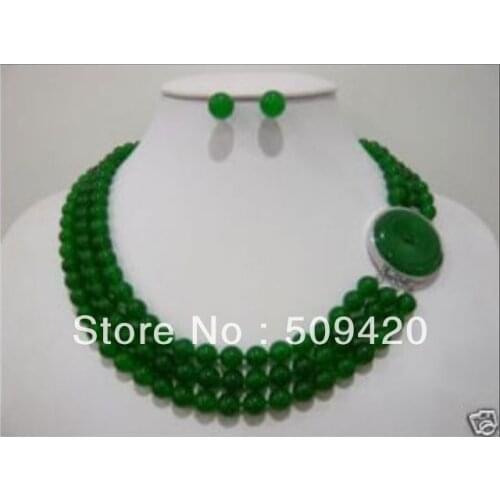 Good Wholesale>>>3 rows 8mm green JADE stone necklace earrings sets