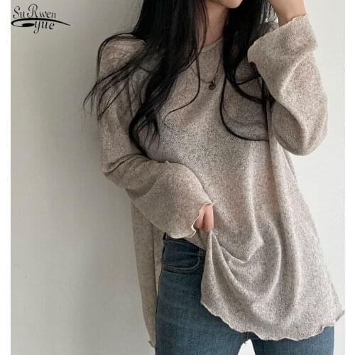 Summer Autumn 2021 Thin Lazy Wind Women Blouse O-neck Pullover Tops Solid Korean Loose Sunscreen New Lady Clothes Blusas 14746