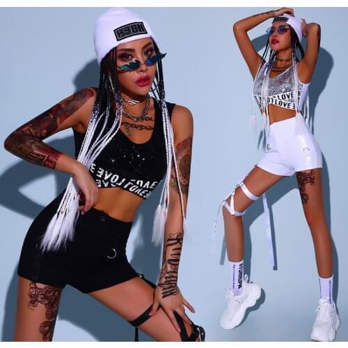 Sequins Outfit Hip Hop Dance Clothes Women Cheerleader Uniform Jazz Dancewear Crop Tops Festival Clothing Stage Costume DL7934