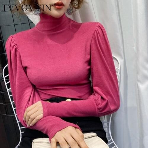 TVVOVVIN Puff Women T Shirt Sleeve Turtleneck Vintage Thicken Tshirts Black White Long Sleeve Vintage T-shirts Autumn Tops 9YE5