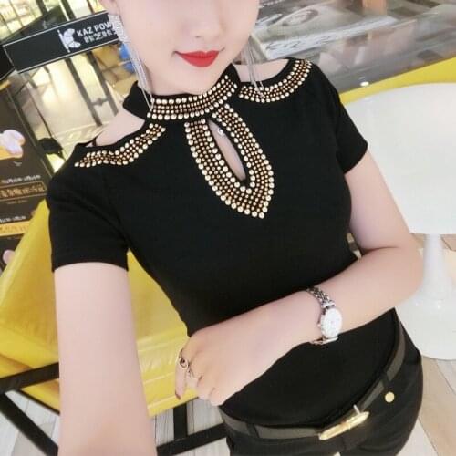 Women Shirt Sexy O Neck Open Shoulder High Street Vintage Solid Waist Long Sleeve Shirt Beading Rivet New Hollow Blusa Bodysuit
