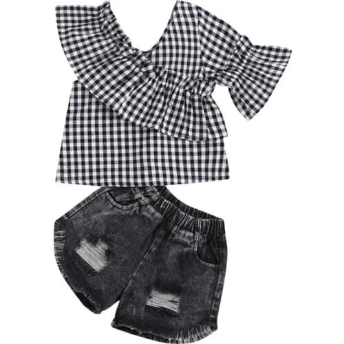 1-6 Years Kids Girls Clothes Set Black Plaid V-Neck One Shoulder Sleeve Pullover Tops Ripped Short Pants Outfits For Girls Set