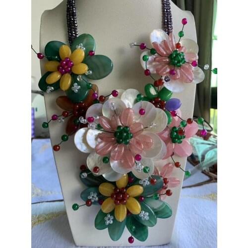 Green jade /sea shell white/quartz flower necklace 20inch wholesale beads nature FPPJ woman 2019 wedding necklace