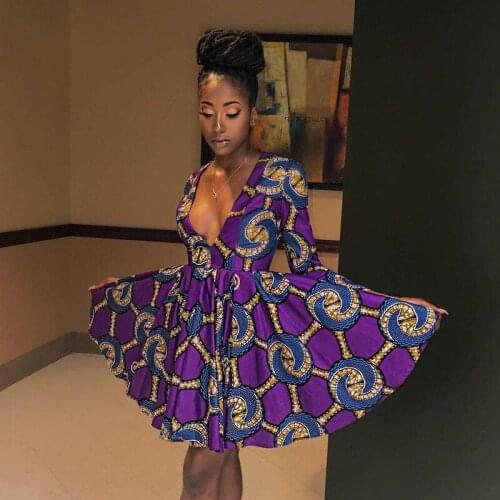 2020 New African Deep V Neck Dresses for Women Dashiki Fashion Clothing Print Rich Bazin Swing Long Sleeve Loose Ladies Dress