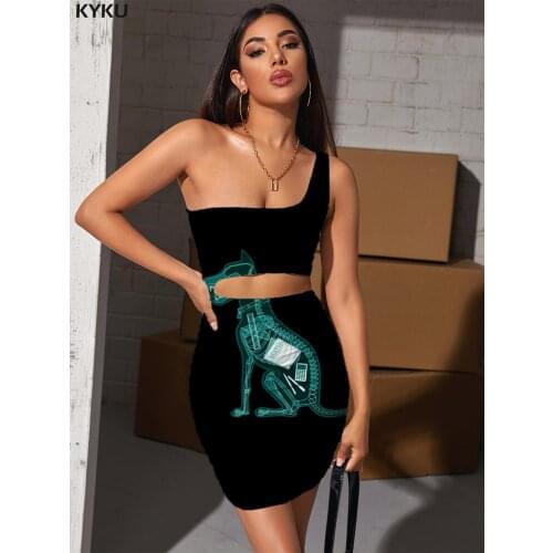 KYKU Animal Dress Women Skeleton 3d Print Hip Hop Hollow out Dresses Rock Pleating Womens Clothing Club New Korean Style Femme