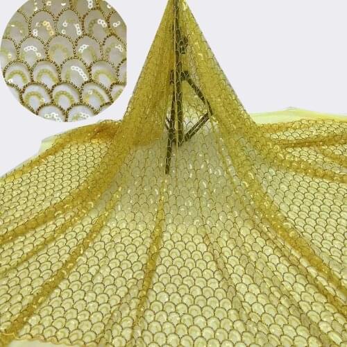 5yards/pc) Delicate embroidered tube beads sequins French net lace yellow African tulle lace fabric for party dress FAX016