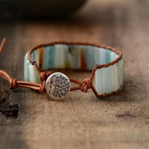 Boho Leather Wrap Bracelet Natural Stone Amazonite Beaded Chakra Bohemia Charm Bangle Jewelry Gift