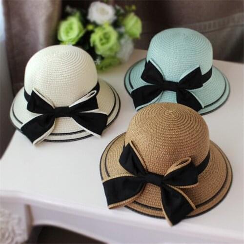 Summer Kids Butterfly knot Straw Hats Fedora Hat Children Visor Beach Sun Baby Girls Sunhat Wide Brim Floppy