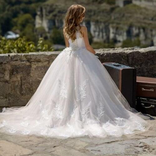 Lace Formal Party Dresses For Wedding Guest High Jewel Corsst Back Flower Girl Dress With Sleeves