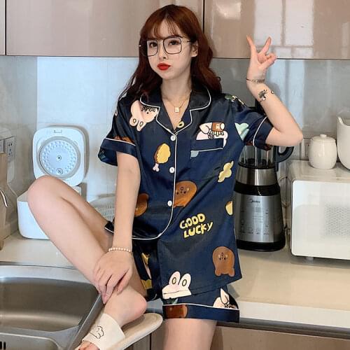 Fashion Cartoon Print Pajama Sets Silk Embossed Pajamas Korean Style Cute Loose Short Sleeve Nightgown Comfort Two Piece Suit