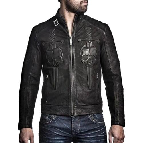 Mens black skull print leather genuine cowhide jacket motorcycle leather jacket distressed cowhide leather autumn coat