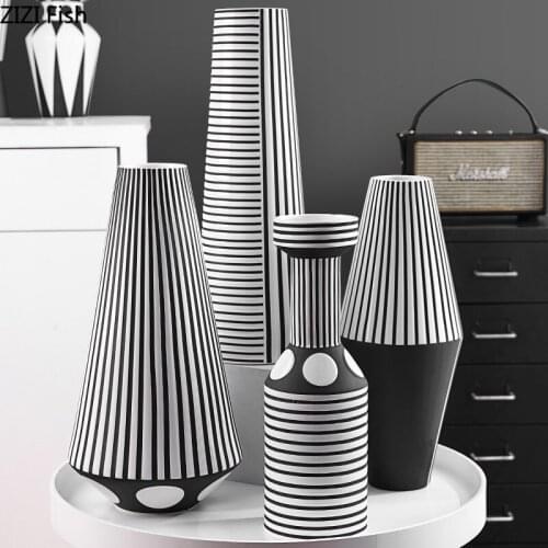 Irregular Black White Striped Vase Flower Arrangement Container Countertop Ceramic Hydroponic Flower Vase Home Decoration Crafts